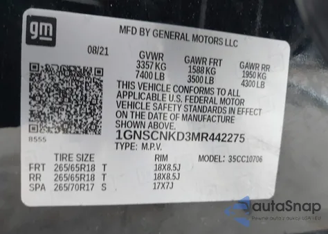2021 Chevrolet Tahoe 2Wd Lt z USA, uszkodzony, nr VIN 1GNSCNKD3MR442275